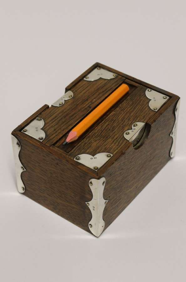 A Small Edwardian Silver Mounted Oak Pencil Box For The Game Of Bridge