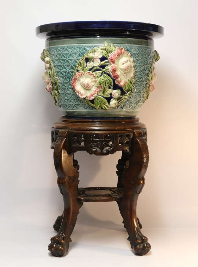 A Fine French Pottery Jardiniere With Original Stand