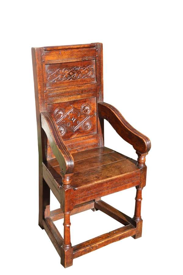 Antique English Oak Panelled And Moulded Wainscot Armchair.