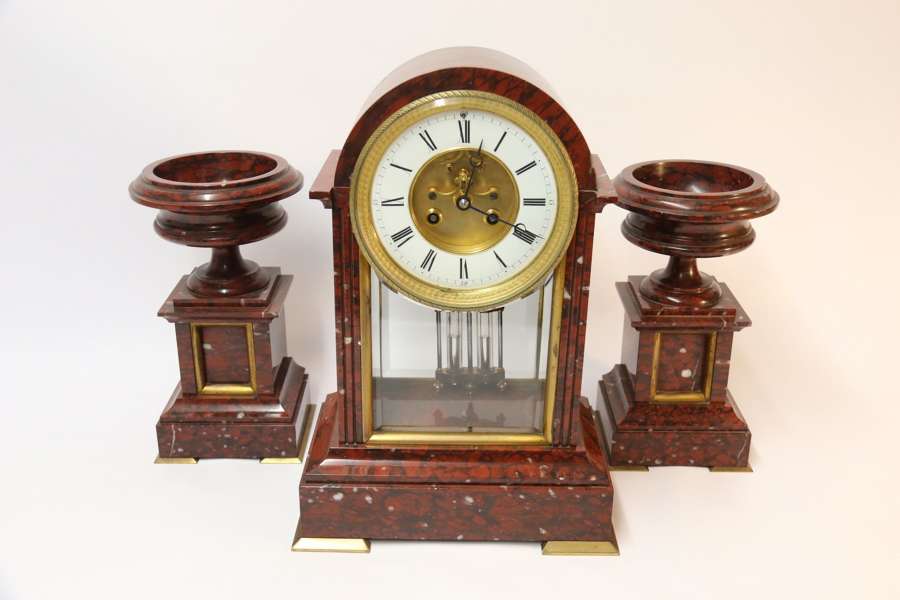 A Fine Quality French Marble Clock Garniture By Samuel Marti.