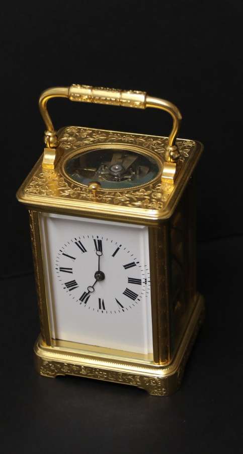 A Fine Late 19th Century Hand Engraved And Gilt Cased Repeating Carriage Clock By Margaine