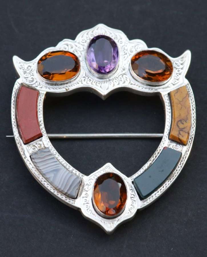 An Antique Victorian Scottish Silver Agate Cairngorm And Amethyst Broo