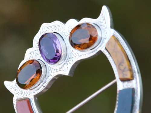 An Antique Victorian Scottish Silver Agate Cairngorm And Amethyst Broo