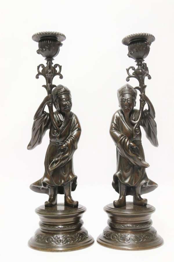 A Good Pair Of 19th C French Bronze Candlesticks In The Form Of Chinese Figures