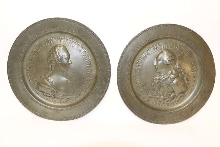 A Pair Of 18th Century Louis XVI And Marie Antoinette Commemorative  Pewter Plates