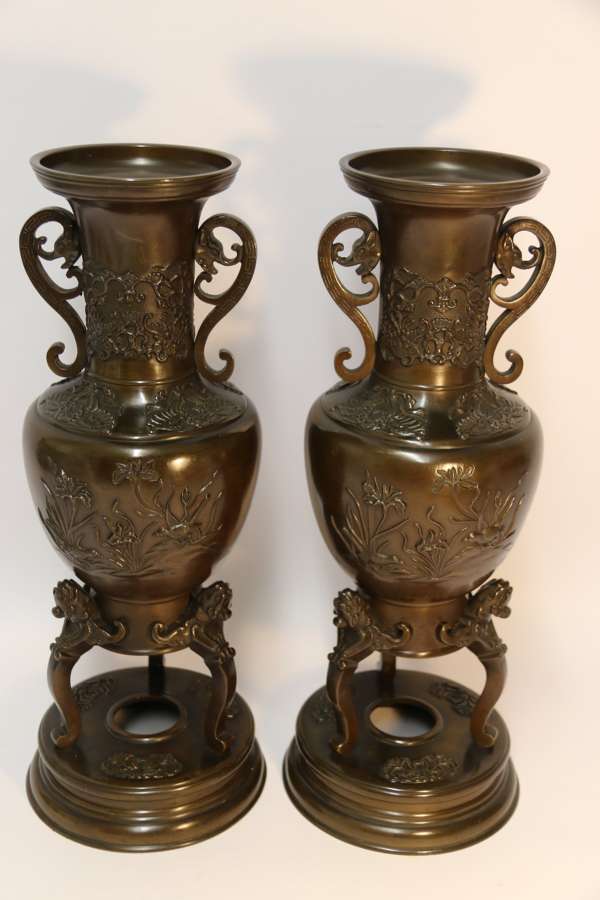 A Pair Of Meiji Period Japanese Bronze Vases
