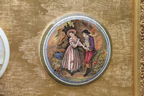 A Collection Of Framed Victorian Prattware Pots Lids
