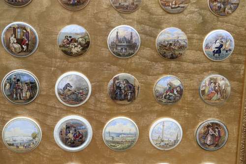 A Collection Of Framed Victorian Prattware Pots Lids
