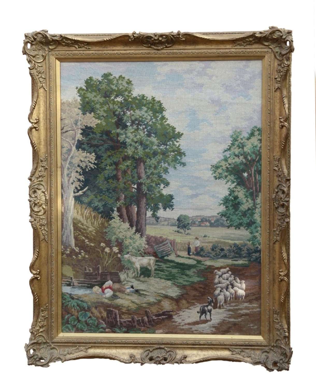 A Fabulous Late 19th C Large Wool Work Picture Taken From John Constable's Painting, The Corn Field