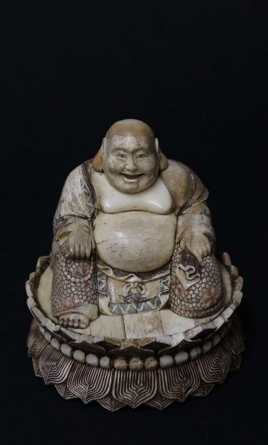 Early 20th Century Japanese Carved Bone Okimono Carved Figure Of The Seated Buddha
