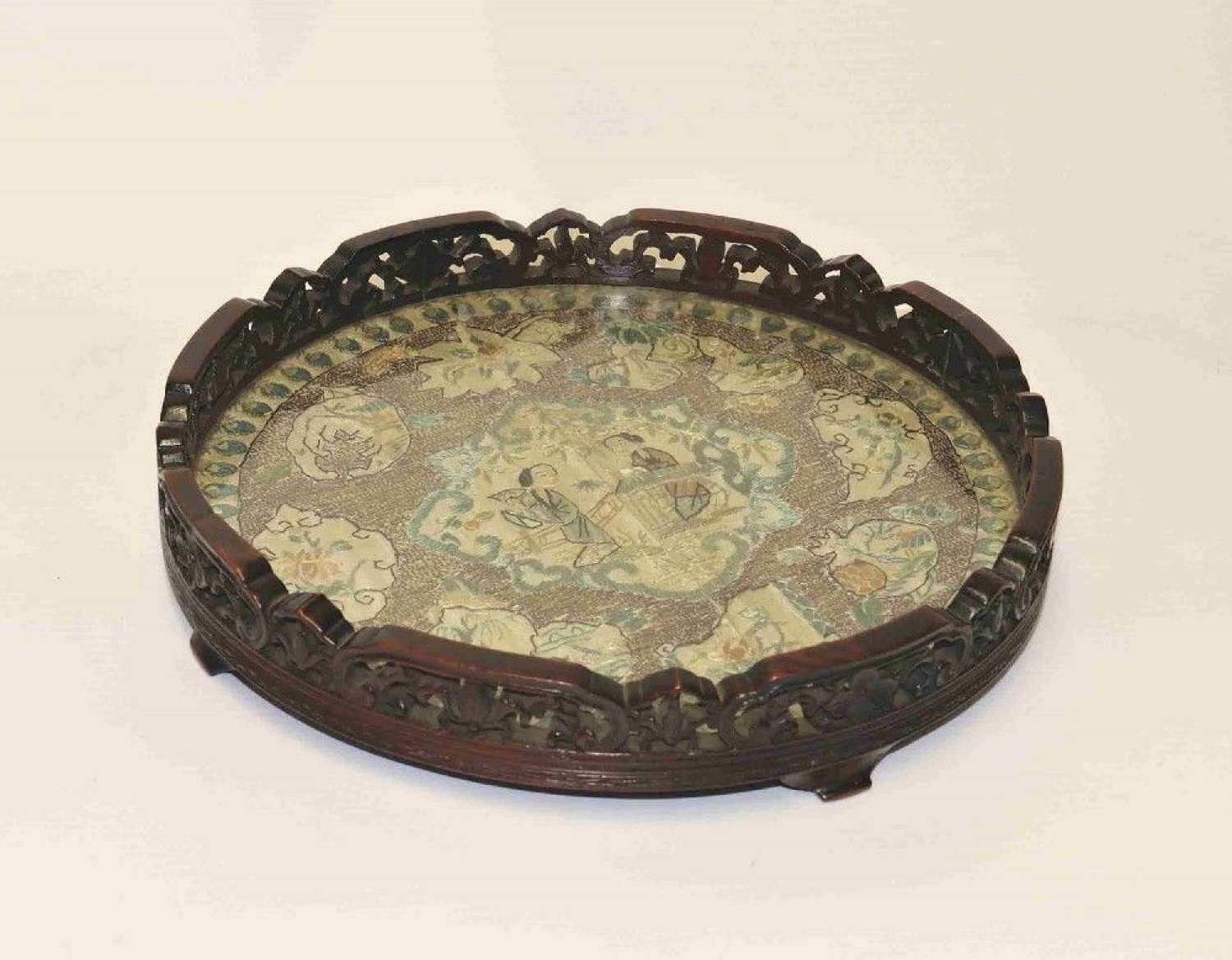 Chinese Carved Hardwood And Silk Embroidered Tray, Circa 1860