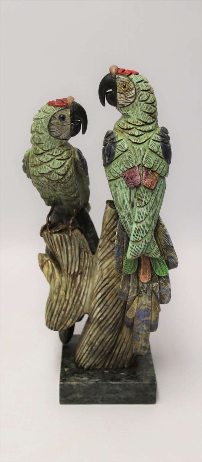 Large Chinese  Soapstone Sculpture Of A Pair Of Parrots.