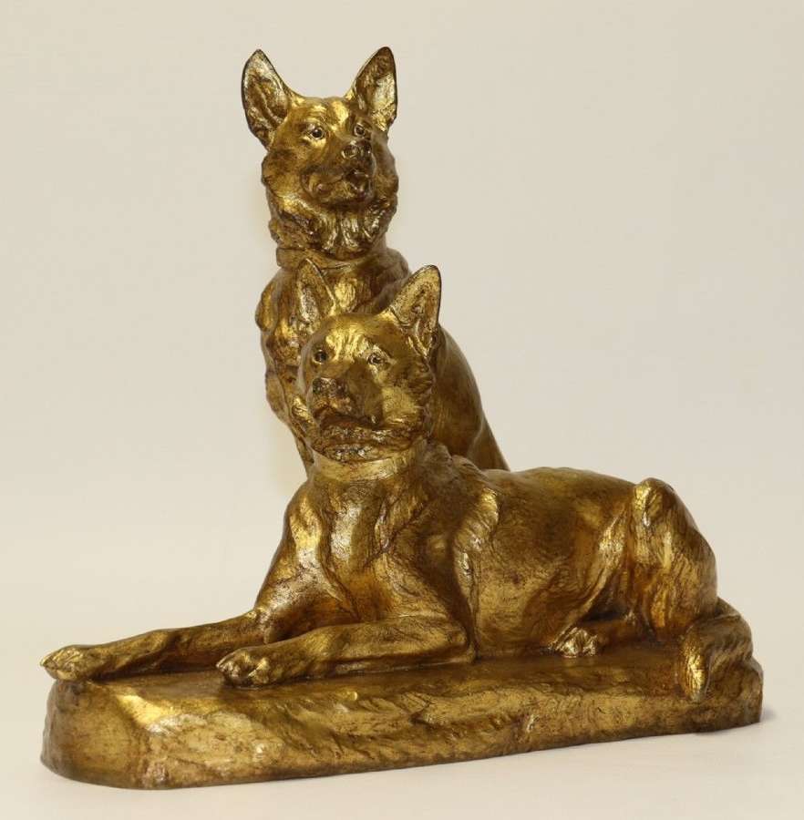 A Fine French Gilt Bronze Study Of Two German Shepherd Dogs By Louis Riche