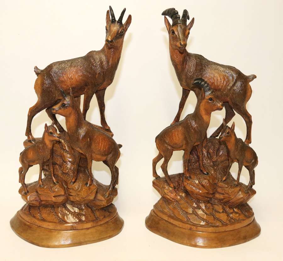A Pair Of Black Forest Carved Figures In The Form Of Ibex And Chamois