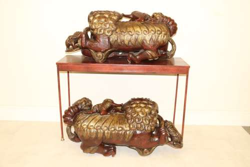 A Rare Pair Of Chinese Mythical Beasts/dogs Of Foo On Stands