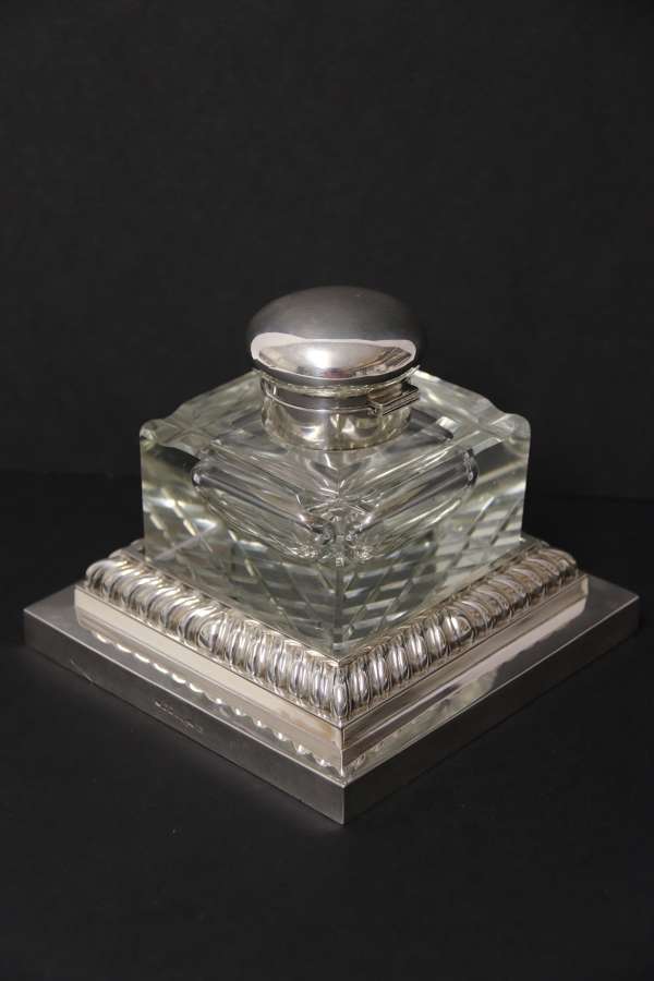 Large Silver Plated And Cut Glass Desk Inkwell  C 1910
