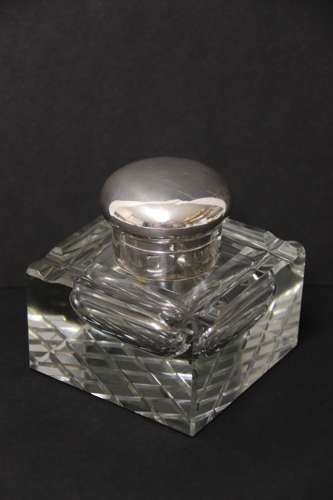 Large Silver Plated And Cut Glass Desk Inkwell C 1910