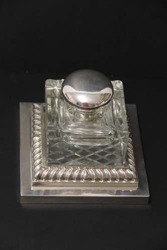 Large Silver Plated And Cut Glass Desk Inkwell C 1910