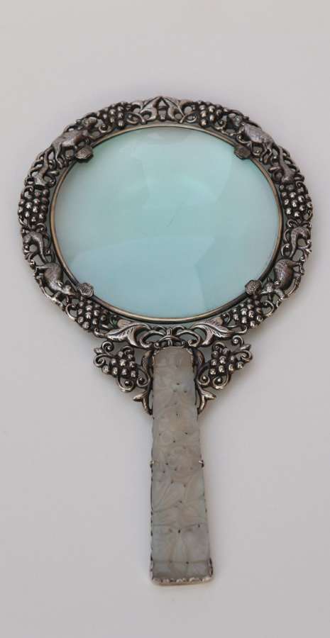 A Rare 19th Century Chinese Silver And Jade Magnifying Glass.