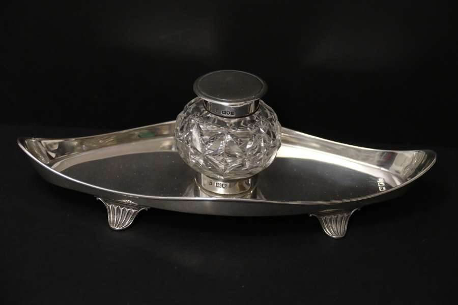 A Fine Edwardian Silver Desk Inkstand.