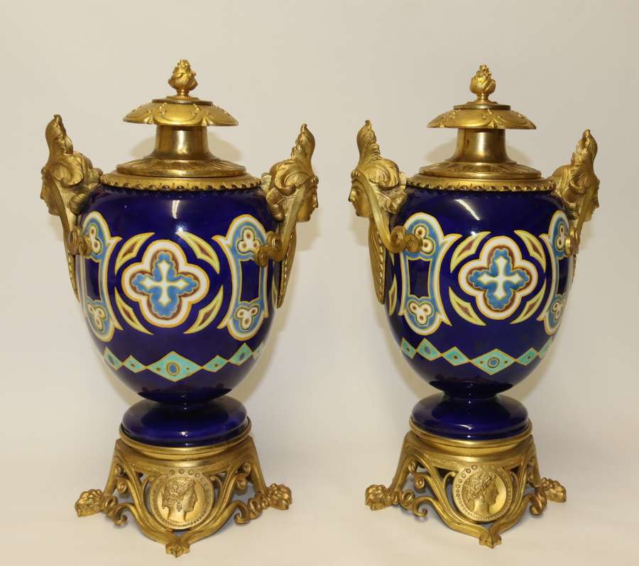 A Superb Pair Of Gilt Bronze And Pottery Aztec Design Vases/urns