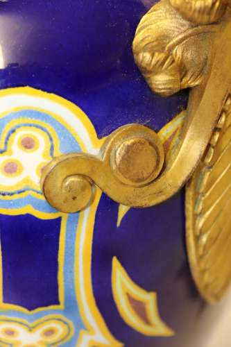 A Superb Pair Of Gilt Bronze And Pottery Aztec Design Vases/urns