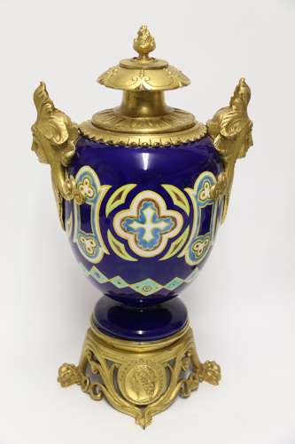 A Superb Pair Of Gilt Bronze And Pottery Aztec Design Vases/urns
