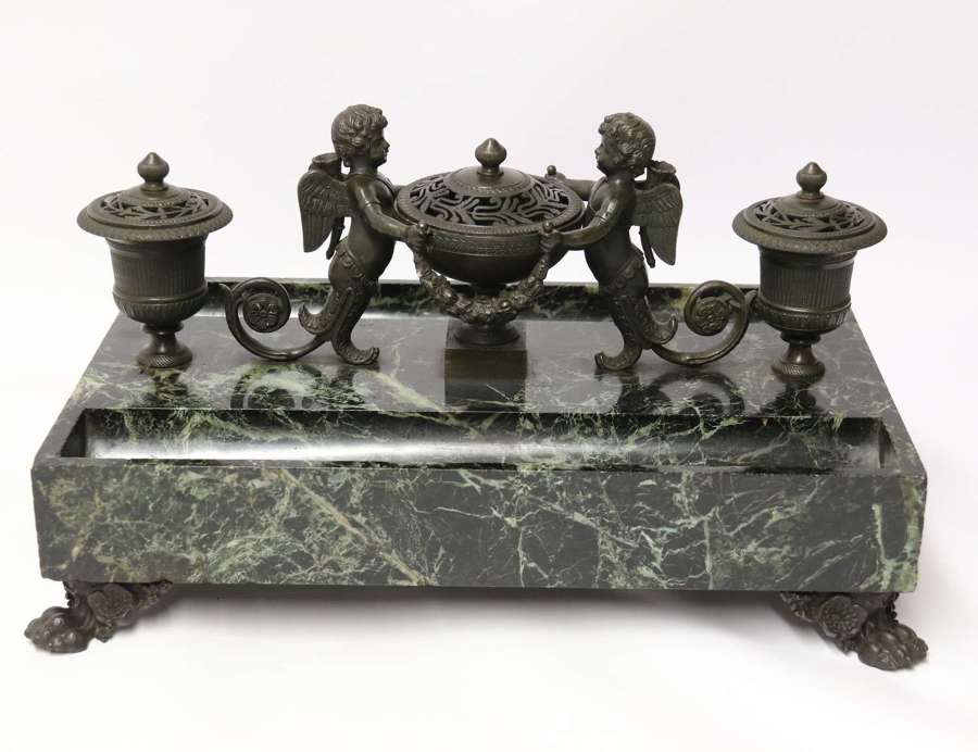 Empire bronze and marble desk top inkstand by Lefebvre of Belgium