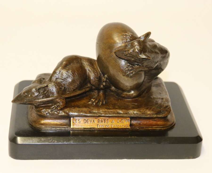 A Fine 19th Century French Bronze Ink Stand Of Two Rats And An Egg