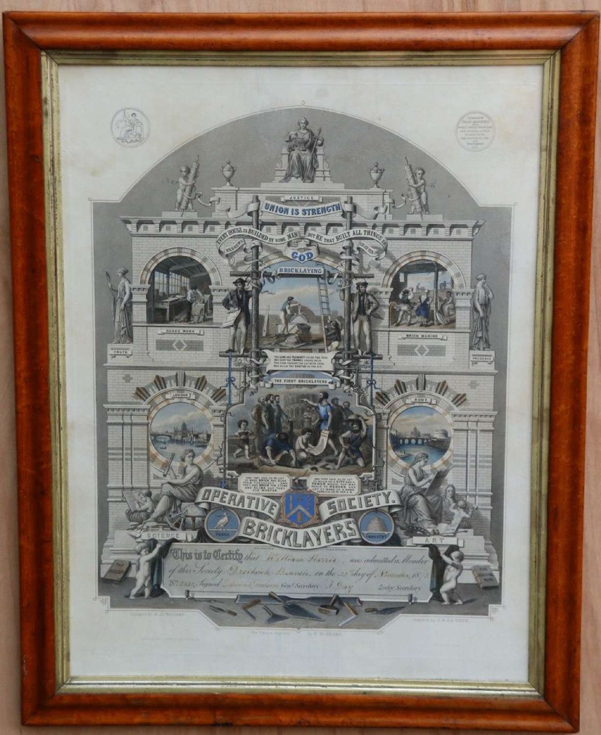 A Rare Victorian Original Framed Master Builders “ Society Of Bricklayers” Certificate