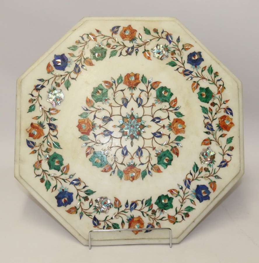 Indian White Marble Table Top Inlaid With Semi Precious Cut Stones, C 1900