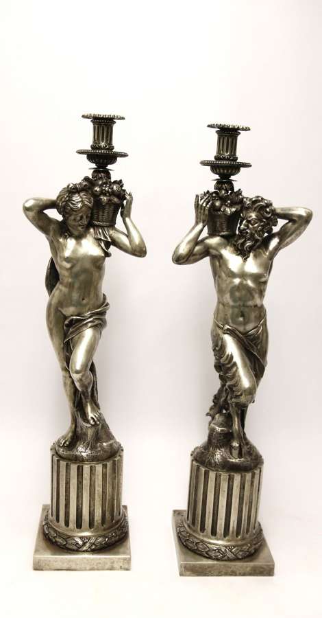 A Large Pair Of  19th C Silvered Bronze Classical Figurative Candlesticks