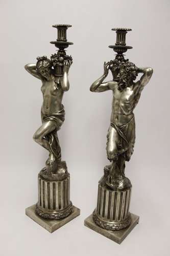 A Large Pair Of 19th C Silvered Bronze Classical Figurative Candlesticks