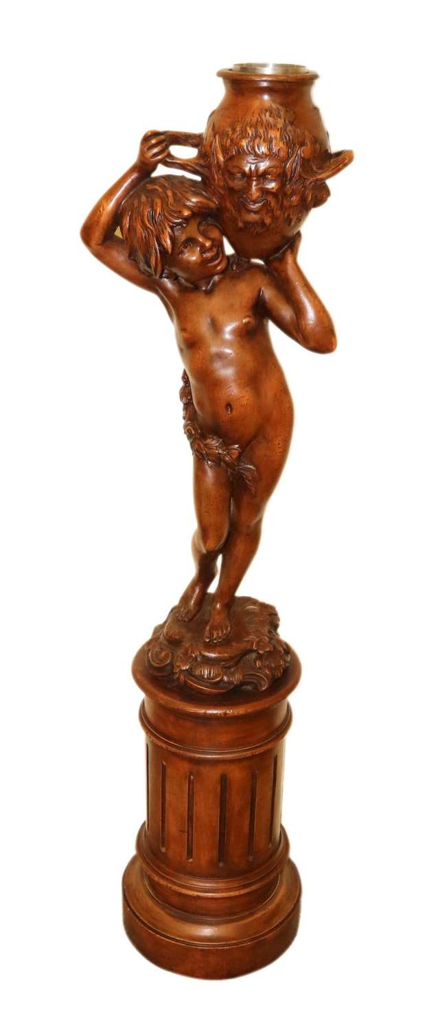 Antique 19 C Carved Study Of Semi Nude Mythical Boy Standing On A Fluted Pedestal