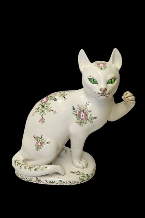 A Large French Early 20th C Hand Painted Faience Pottery Cat.