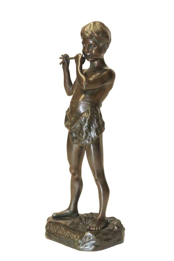 A Fine Bronze Study Of A Boy Playing A Flute By Attiwo Fagioli