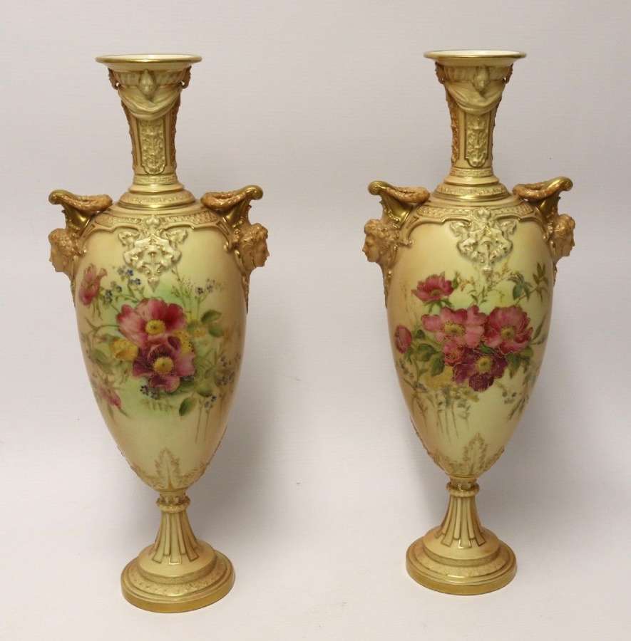 A Large Pair Of Antique Royal Worcester Hand Painted Blush IVory Pedestal Vases.