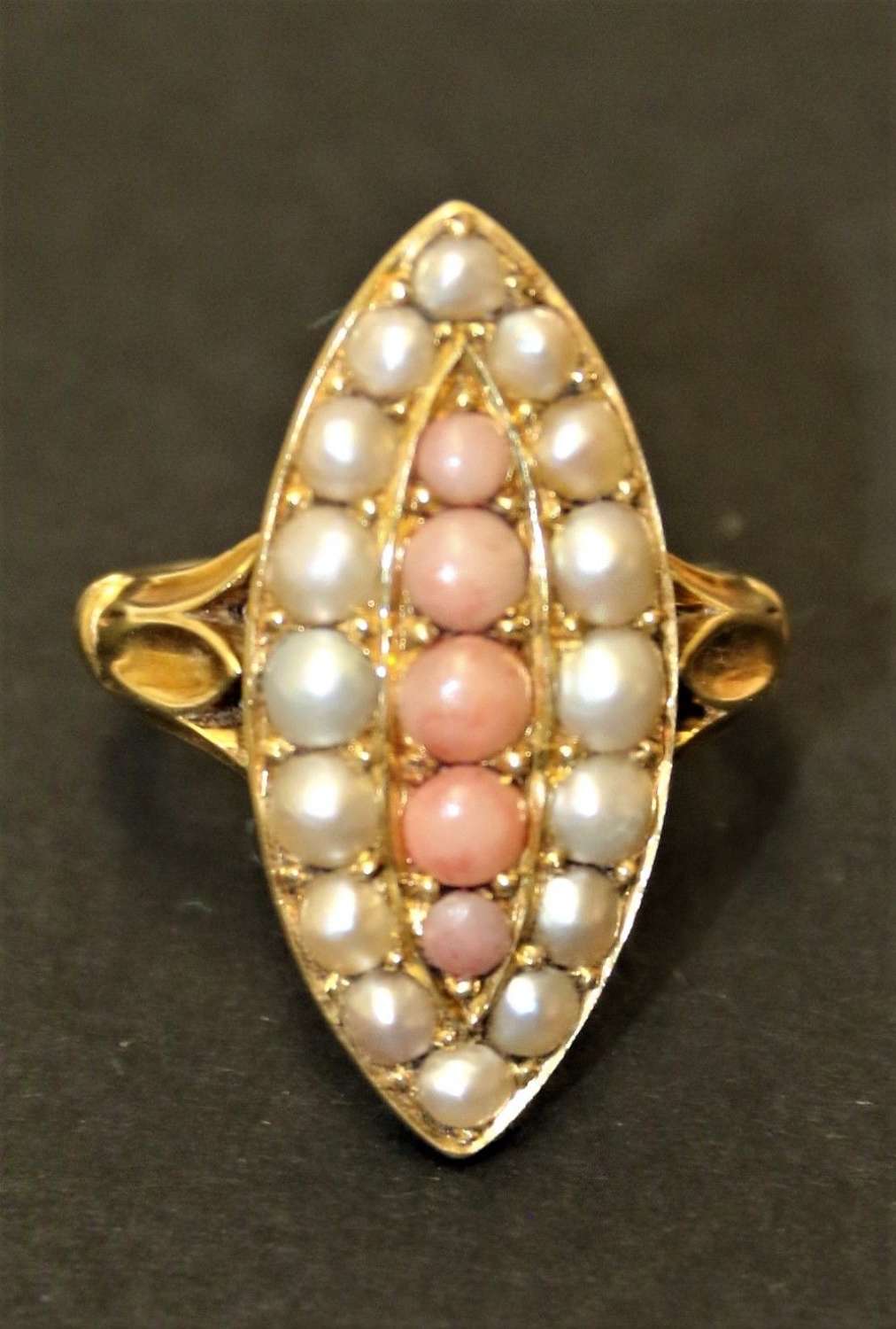 An Early Victorian 18 Ct. Coral And Pearl Cluster Ring.