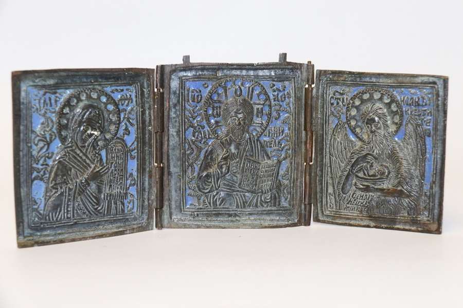 A 19th Century Russian Folding Bronze And Enamel Icon