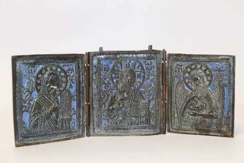 A 19th Century Russian Folding Bronze And Enamel Icon