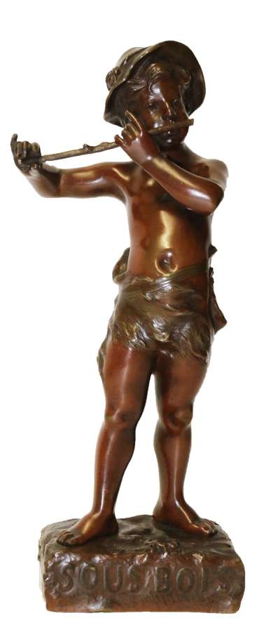 A 19th C Bronze Figure Of A Boy Playing A Flute, By Marcel Debut