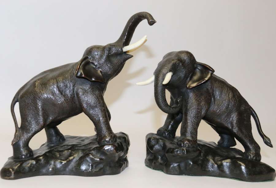 A Pair Of Japanese Bronze Elephant Bookends Meiji Period, Signed.