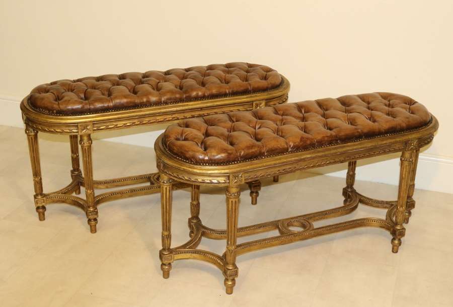 Pair Of 19 C French Carved Giltwood Window Seats Or Stools