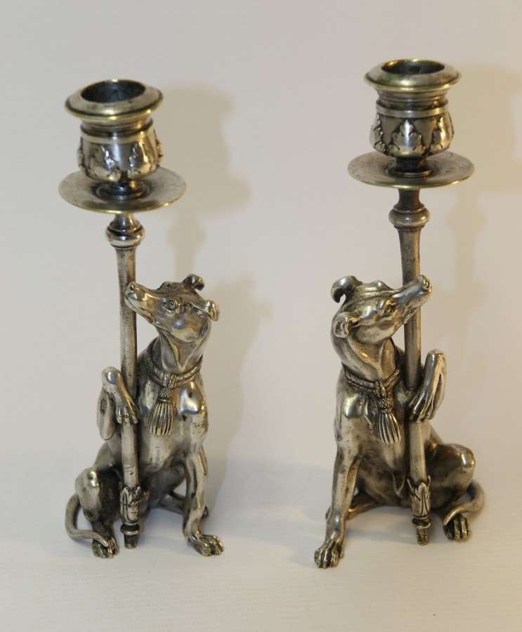 A Pair Of English Novelty Grey Hound Candlesticks, Silvered Bronze