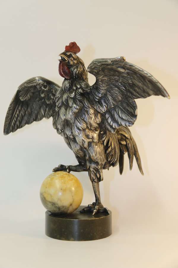 A Silvered And Electrified Bronze Study Of A Cockerel, Early 20th Century