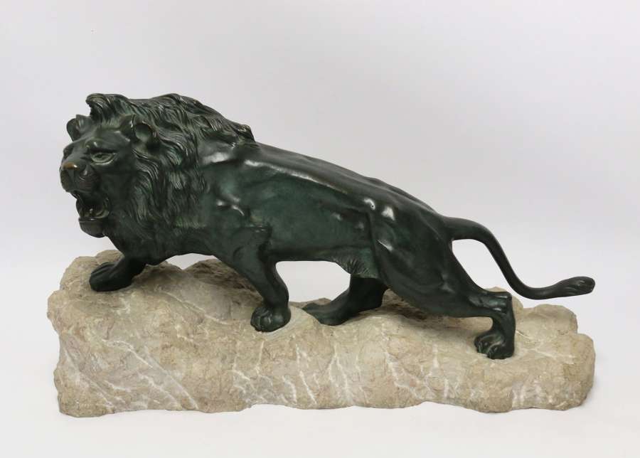 Early 20th Century Bronze Study Of A Lion Mounted On Limestone Base