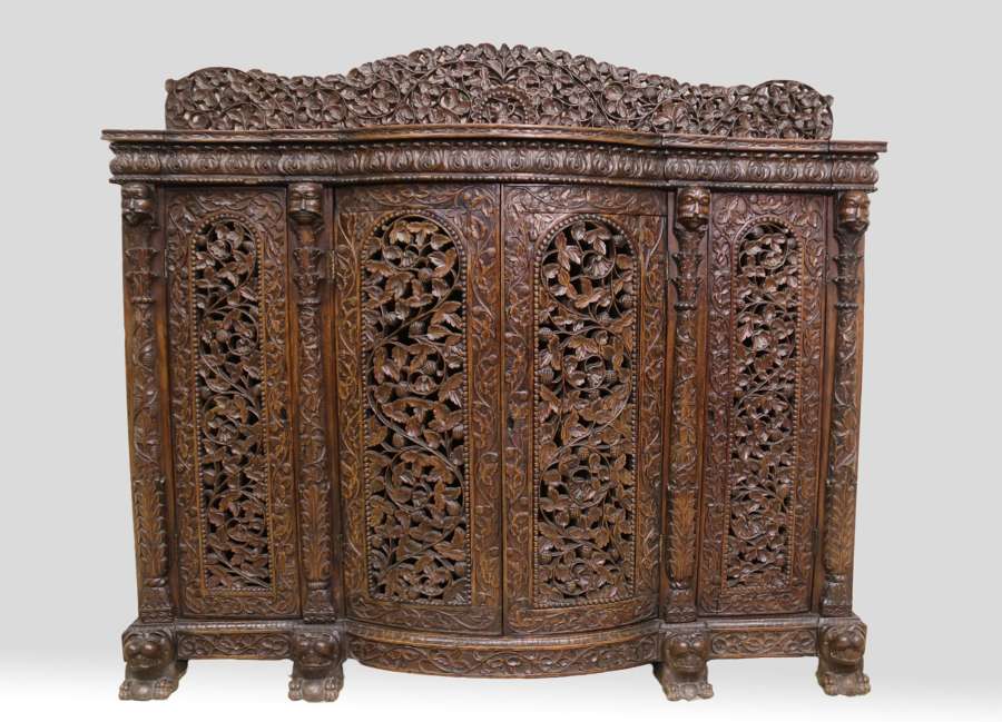 19th Century Indian Carved Padauk Wood Side Cabinet