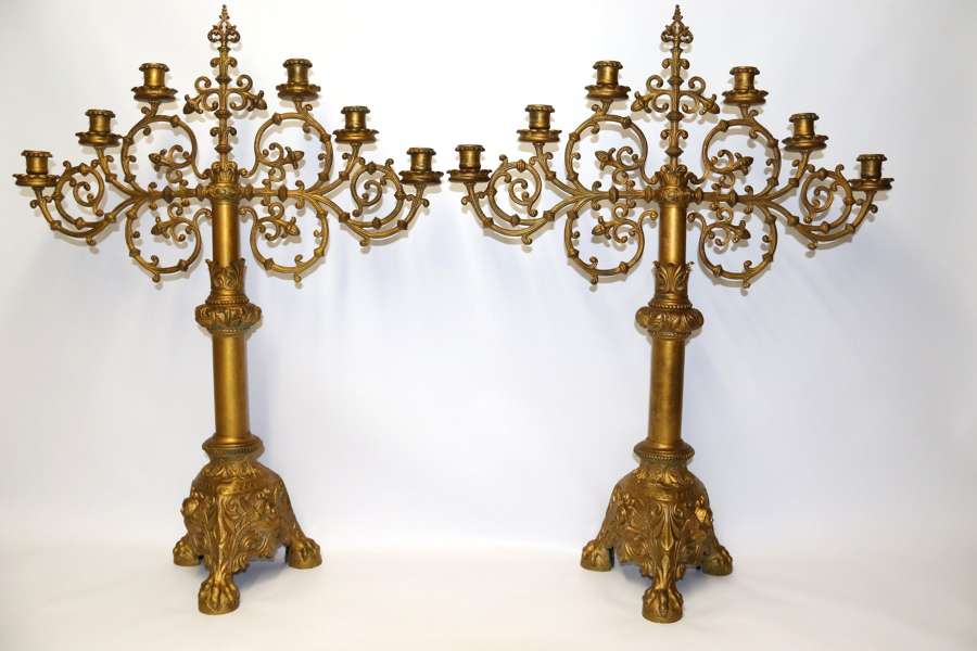 A Large Pair Of Gothic  Gilt Brass Candelabra