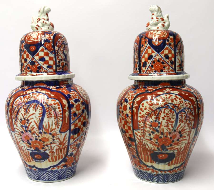 A Large Pair Of Japanese Imari Ginger Jars With Covers