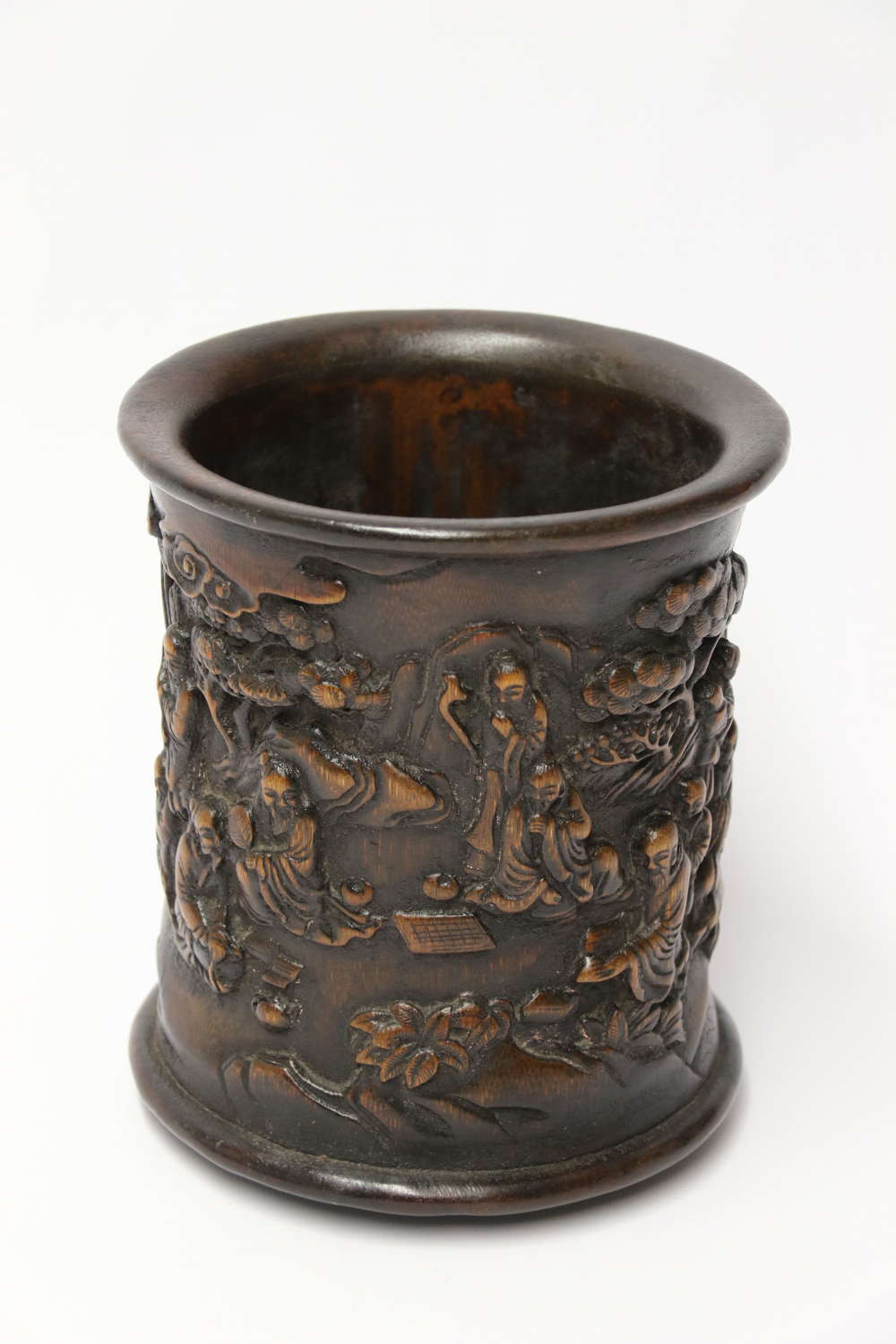 A Chinese carved bamboo and hardwood brush pot